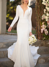 Trumpet Mermaid Fitted V Neck Long Sleeves Elastic Satin Court Train Bridal Gown-Dbrbridal