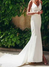 Trumpet Mermaid Fitted V-Neck Sleeveless Elastic Satin Sweep Train Wedding Dress Cascading Ruffles-Dbrbridal