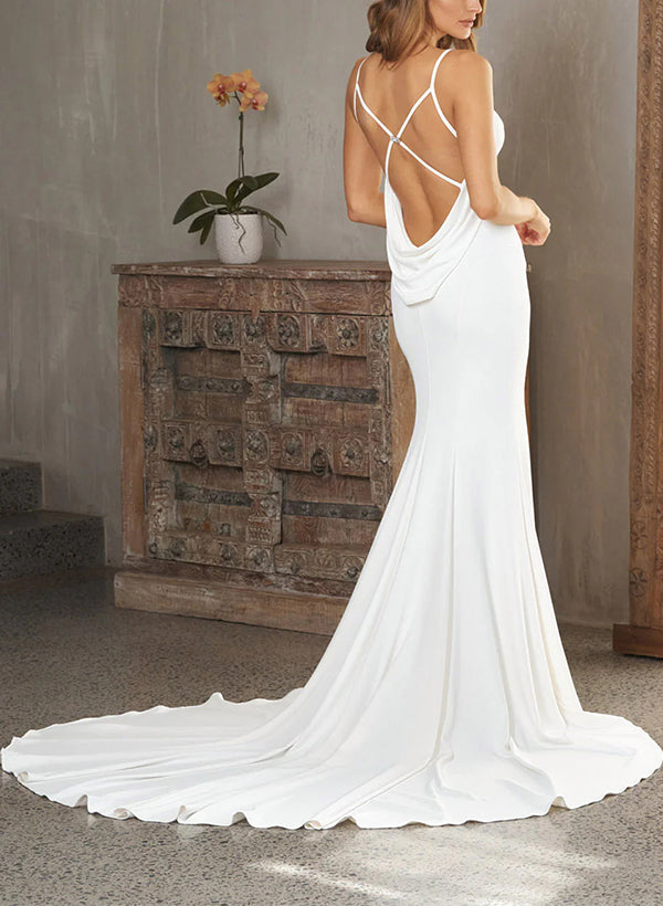 Trumpet Mermaid Fitted V-neck Sleeveless Elastic Satin Wedding Dresses Ruffle-Dbrbridal