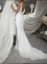 Trumpet Mermaid Fitted V Neck Sweep Train Charmeuse Wedding Dresses Split Front-Dbrbridal