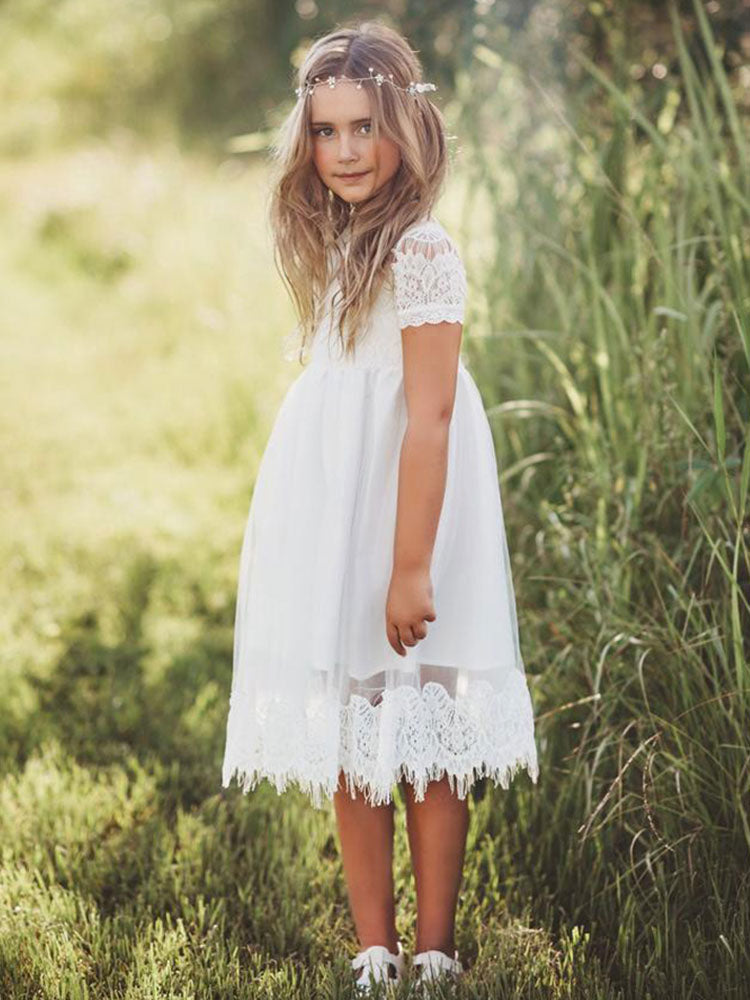 Tulle Jewel Neck Short Sleeves Short A-line Kids Party Dresses-Dbrbridal