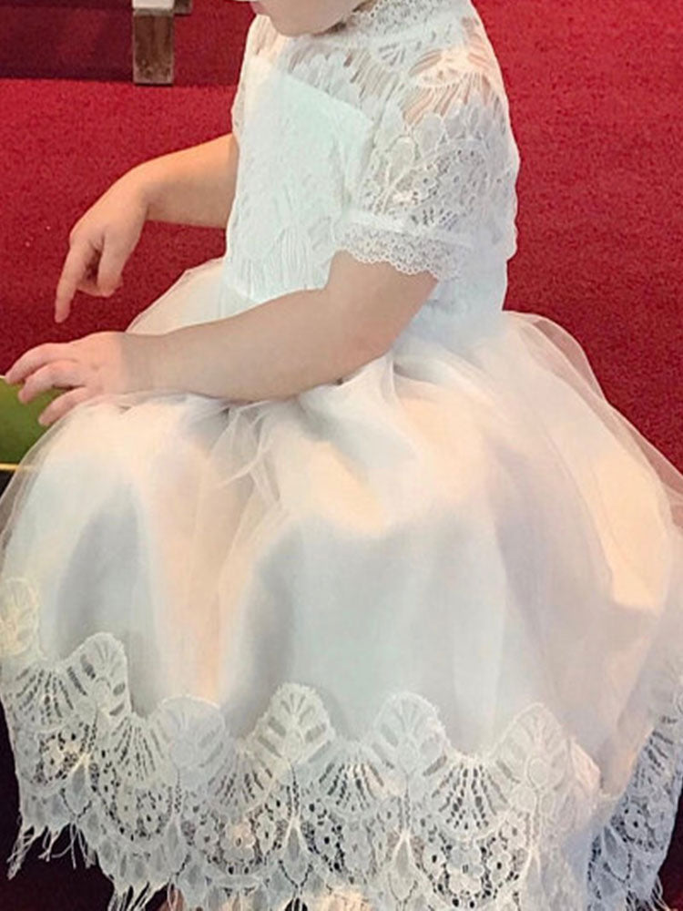 Tulle Jewel Neck Short Sleeves Short A-line Kids Party Dresses-Dbrbridal