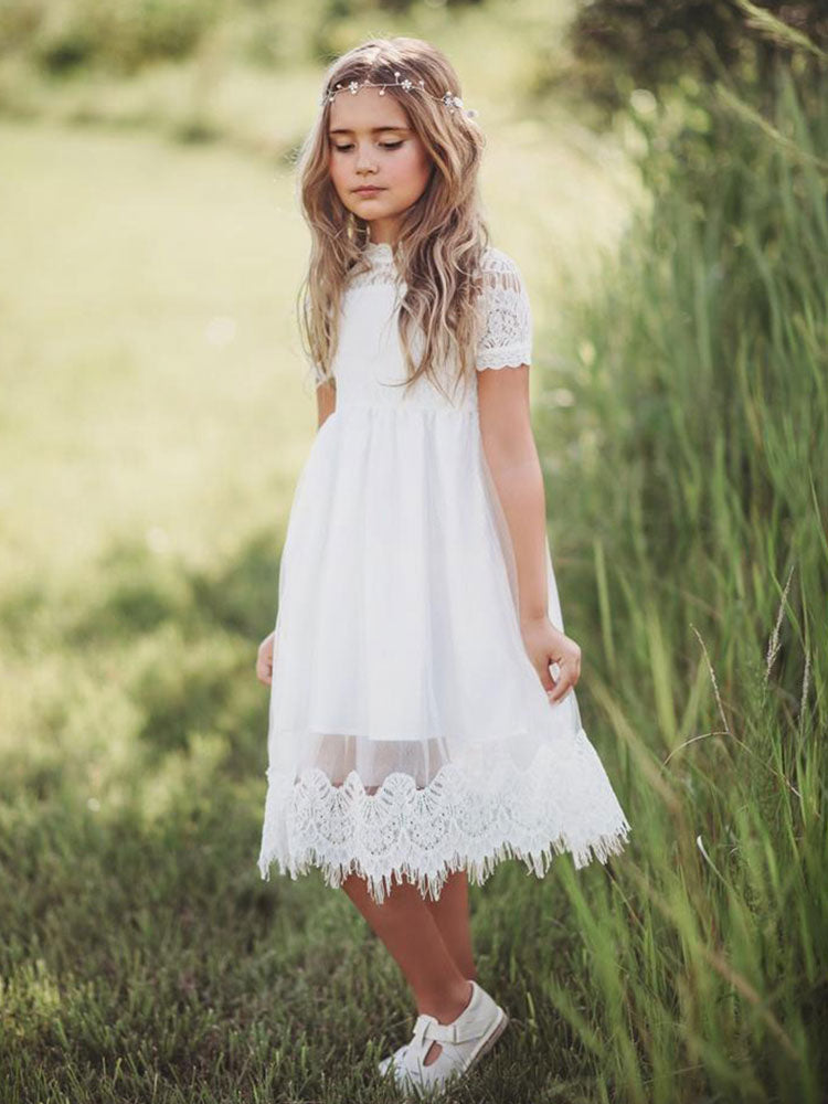 Tulle Jewel Neck Short Sleeves Short A-line Kids Party Dresses-Dbrbridal