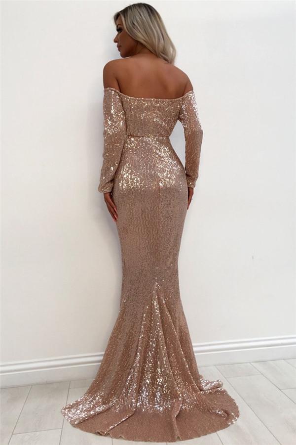 Unique Off-the-Shoulder Charming Sequins Evening Dresses Chic Long Sleevess Fit and Flare Prom Dresses Online-Dbrbridal