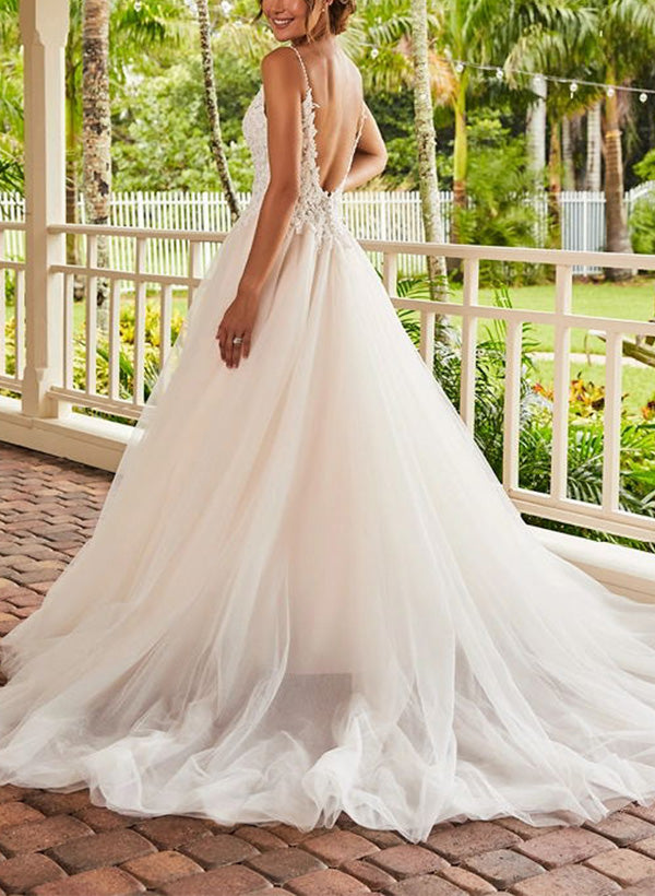 V-Neck Ball-Gown Wedding Dresses Lace Tulle Sweep Train Appliques-Dbrbridal