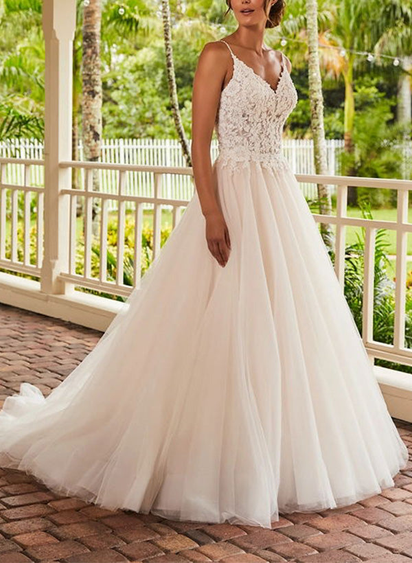 V-Neck Ball-Gown Wedding Dresses Lace Tulle Sweep Train Appliques-Dbrbridal