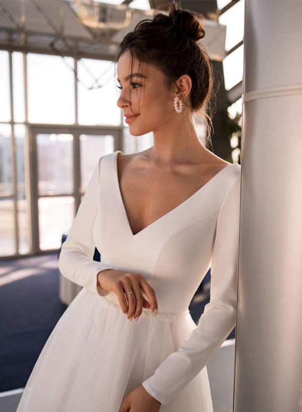 V-Neck Chic A-line Tea-Length Tulle Elastic Satin Wedding Dresses Long Sleeves-Dbrbridal