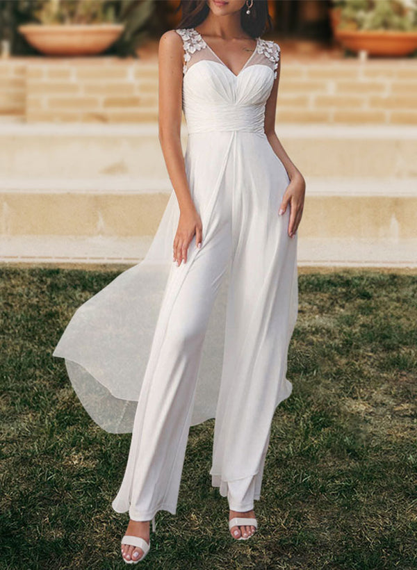 V-Neck Chiffon Wedding Dresses Appliques Lace Jumpsuit Pantsuit-Dbrbridal