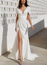 V-Neck Elastic Satin Wedding Dresses Split Front-Dbrbridal