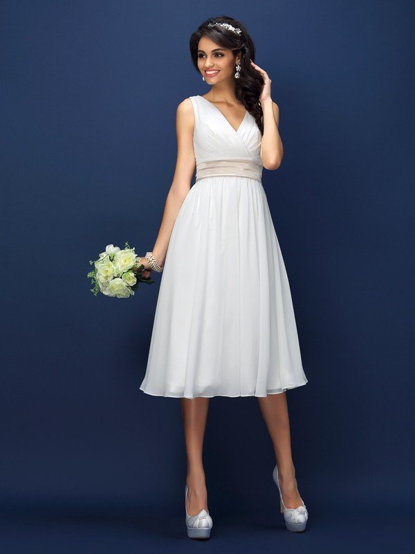 V-Neck Elegant Pleats Sleeveless Short Chiffon Bridesmaid Dresses-Dbrbridal