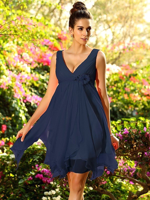 V-Neck Elegant Ruffles Sleeveless Short Chiffon Bridesmaid Dresses-Dbrbridal