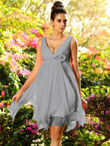 V-Neck Elegant Ruffles Sleeveless Short Chiffon Bridesmaid Dresses-Dbrbridal