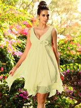 V-Neck Elegant Ruffles Sleeveless Short Chiffon Bridesmaid Dresses-Dbrbridal