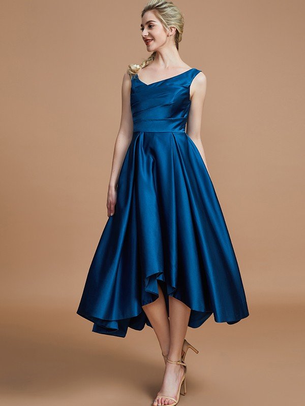 V-Neck Elegant Satin Asymmetrical Sleeveless Bridesmaid Dresses-Dbrbridal