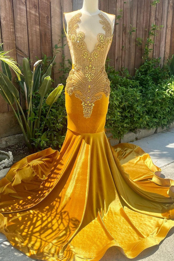 V-neck Gold Velvet Sleeveless Mermaid Long Court Train Prom Dresses-Dbrbridal