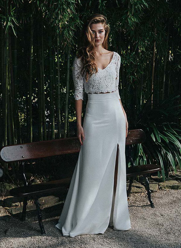 V-Neck Half Sleeves Floor-Length Lace Wedding Dresses Split Front-Dbrbridal