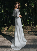 V-Neck Half Sleeves Floor-Length Lace Wedding Dresses Split Front-Dbrbridal