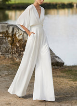 V-Neck Half Sleeves Floor-Length Wedding Dresses Jumpsuit Pantsuit-Dbrbridal