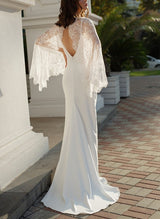 V-Neck Lace Wrap Sheath Fitted Wedding Dresses Sweep Train-Dbrbridal