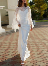 V-Neck Lace Wrap Sheath Fitted Wedding Dresses Sweep Train-Dbrbridal