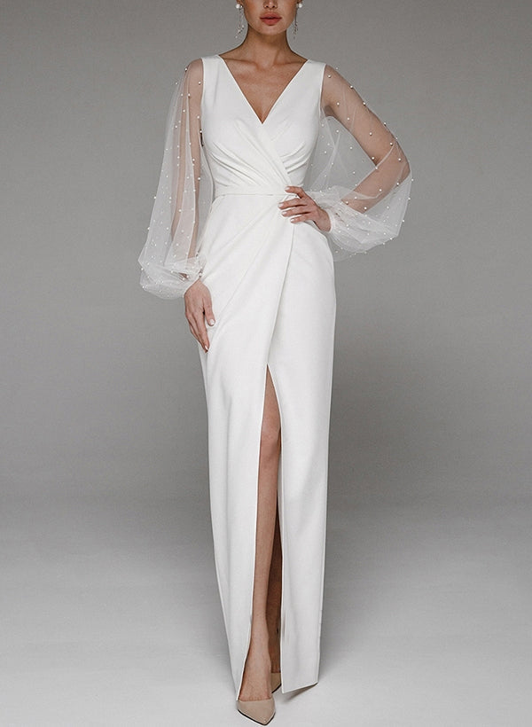 V-Neck Long Sleeve Floor-Length Wedding Dresses-Dbrbridal