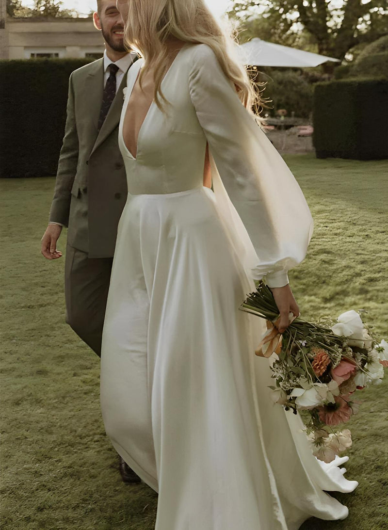 V-Neck Long Sleeves Chic A-line Wedding Dresses Sweep Train in Silk Like Satin-Dbrbridal