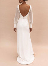 V-Neck Long Sleeves Open Back Wedding Dresses-Dbrbridal