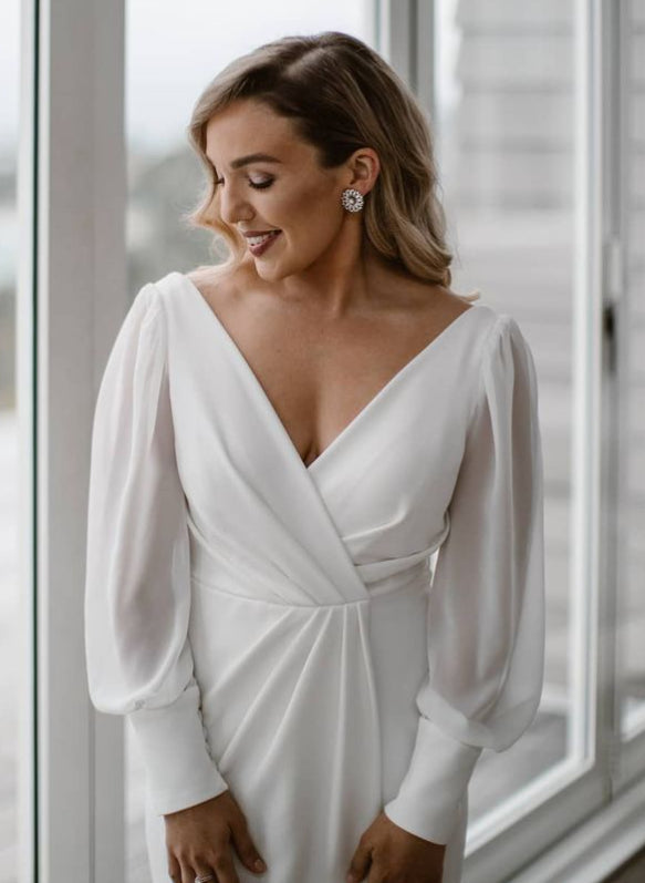 V-Neck Long Sleeves Open Back Wedding Dresses-Dbrbridal