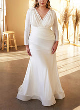 V-Neck Long Sleeves Plus Size Sheath Fitted Wedding Dresses Satin Cascading Ruffles-Dbrbridal