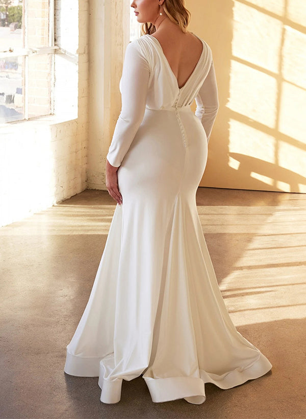 V-Neck Long Sleeves Plus Size Sheath Fitted Wedding Dresses Satin Cascading Ruffles-Dbrbridal