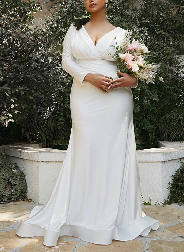 V-Neck Long Sleeves Plus Size Sheath Fitted Wedding Dresses Satin Cascading Ruffles-Dbrbridal