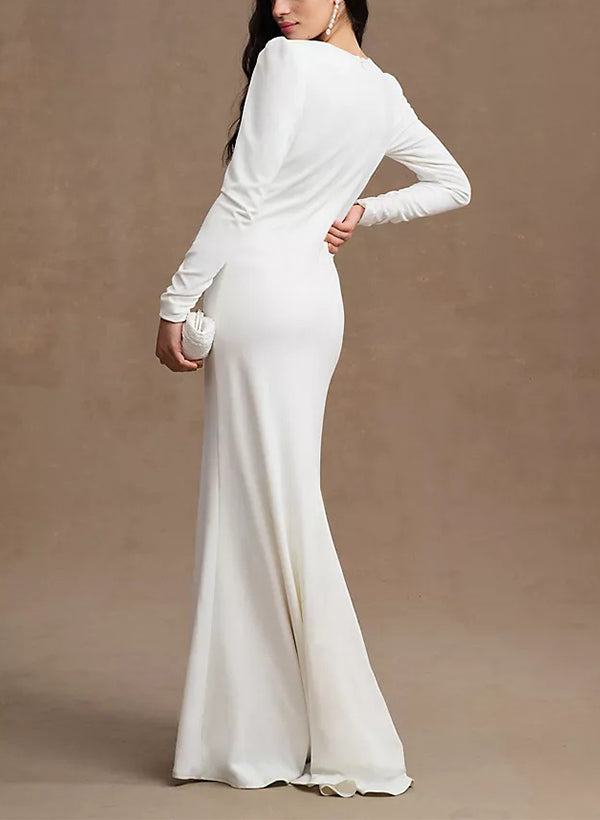 V-Neck Long Sleeves Satin Wedding Dresses Split Front-Dbrbridal