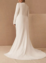 V-Neck Long Sleeves Satin Wedding Dresses Split Front-Dbrbridal