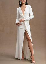 V-Neck Long Sleeves Satin Wedding Dresses Split Front-Dbrbridal