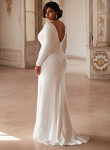 V-Neck Long Sleeves Sequined Wedding Dresses Split Front-Dbrbridal