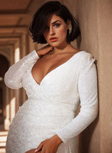 V-Neck Long Sleeves Sequined Wedding Dresses Split Front-Dbrbridal