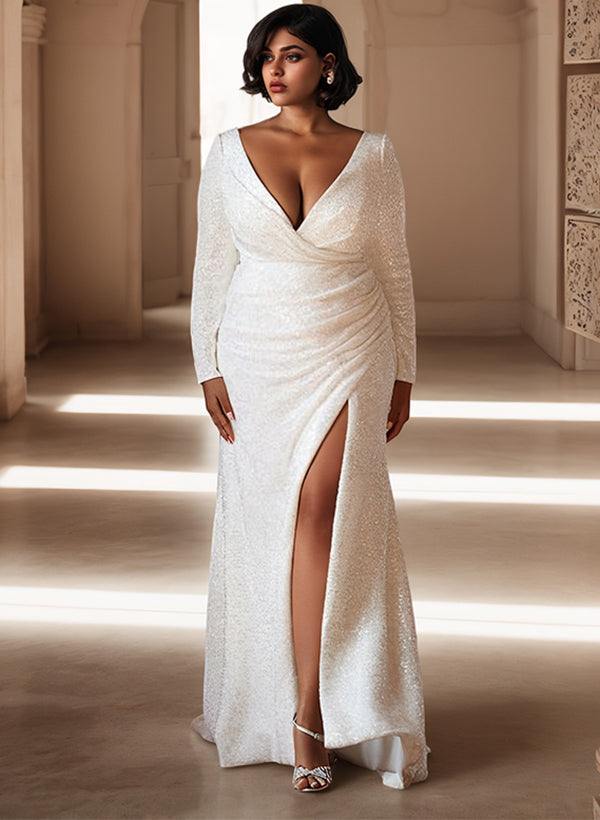 V-Neck Long Sleeves Sequined Wedding Dresses Split Front-Dbrbridal