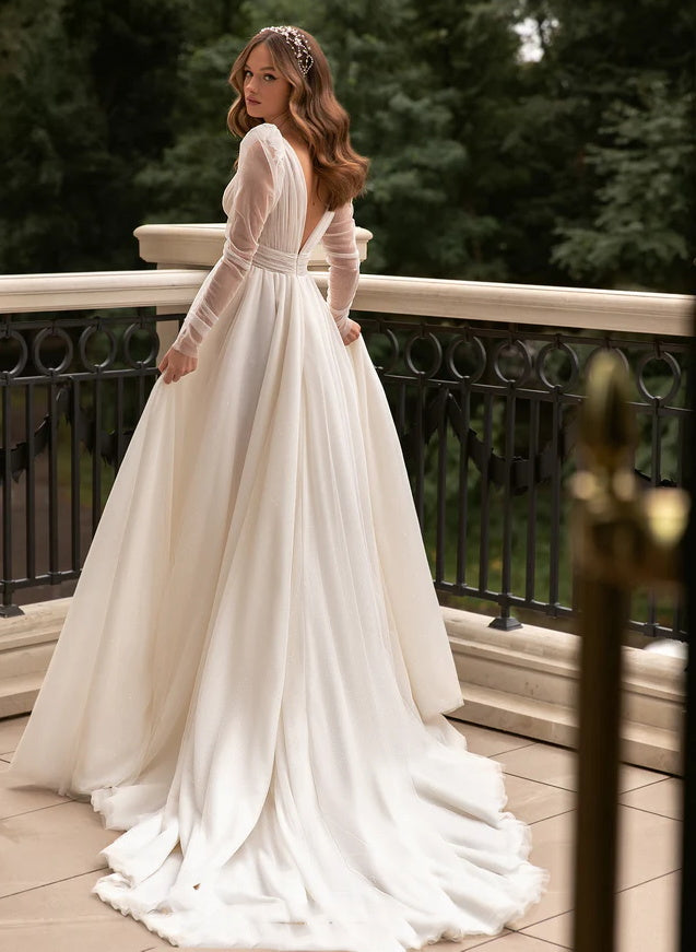 V-neck Long Sleeves Slit Wedding Dresses-Dbrbridal