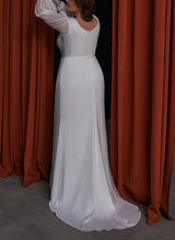 V-Neck Long Sleeves Sweep Train Satin Wedding Dresses Front Split-Dbrbridal