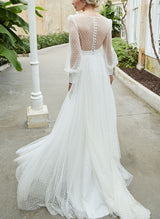 V-Neck Long Sleeves Tulle Chic A-line Wedding Dresses-Dbrbridal