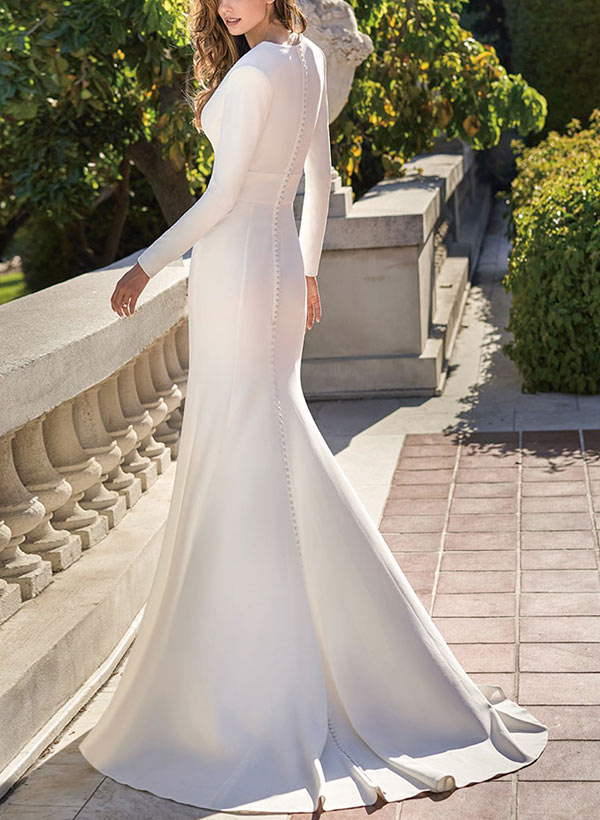 V-Neck Long Sleeves Wedding Dress Sweep Train-Dbrbridal