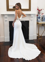 V-Neck Mermaid Fitted Elastic Satin Spaghetti Straps Wedding Dress-Dbrbridal