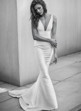 V-Neck Mermaid Fitted Satin Wedding Dress Sweep Train-Dbrbridal