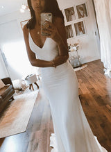 V-neck Mermaid Fitted Sleeveless Court Train Elastic Satin Wedding Dresses-Dbrbridal