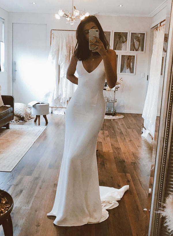 V-neck Mermaid Fitted Sleeveless Court Train Elastic Satin Wedding Dresses-Dbrbridal