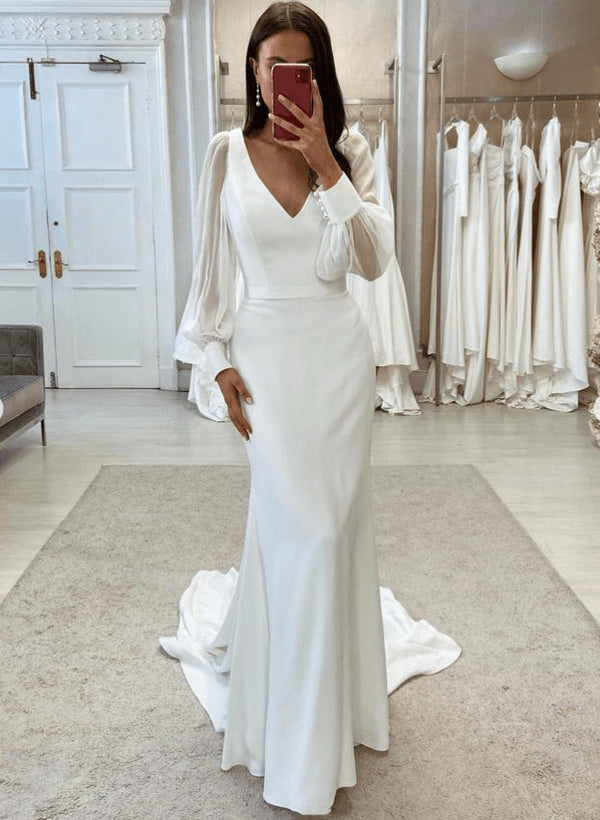 V-Neck Mermaid Fitted Wedding Dresses Elegant Long Sleeves-Dbrbridal