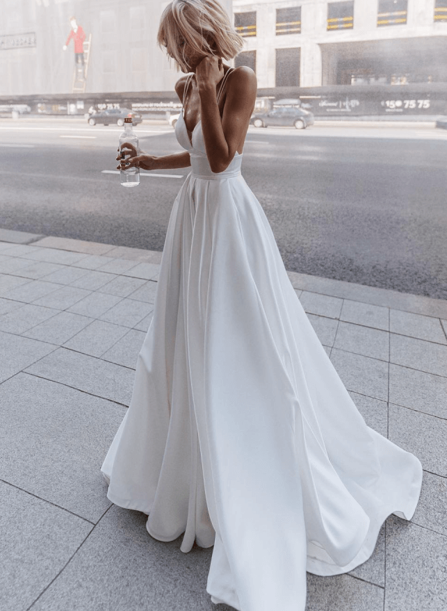 V-Neck Open Back Spaghetti Straps Chic A-line Wedding Dresses-Dbrbridal