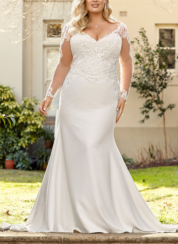 V Neck Plus Size Mermaid Fitted Lace Long Sleeves Wedding Dresses-Dbrbridal