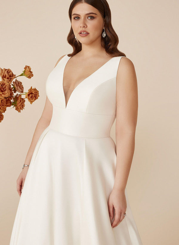 V-neck Satin Plus Size Simple Wedding Dresses-Dbrbridal