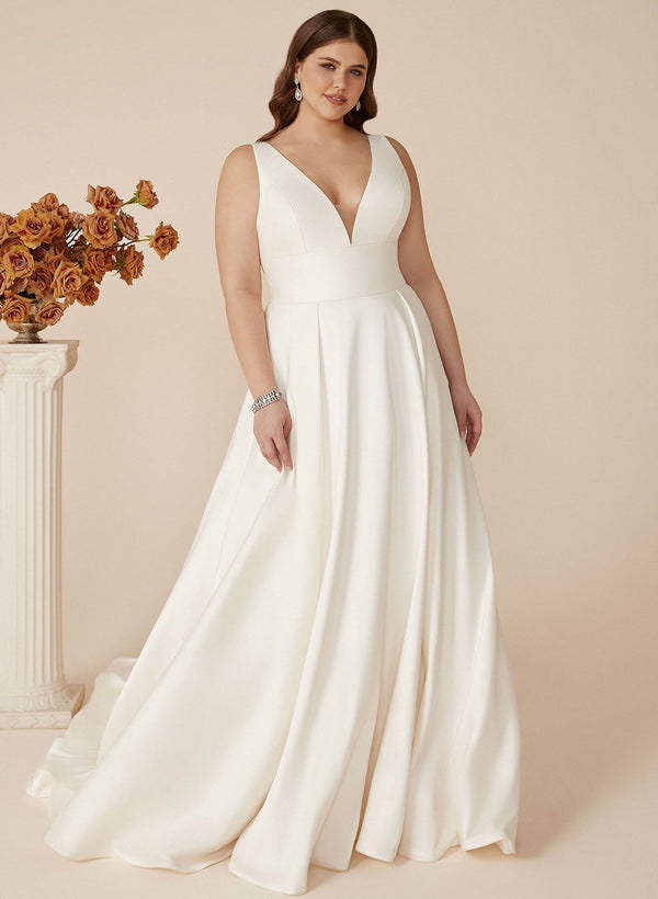 V-neck Satin Plus Size Simple Wedding Dresses-Dbrbridal